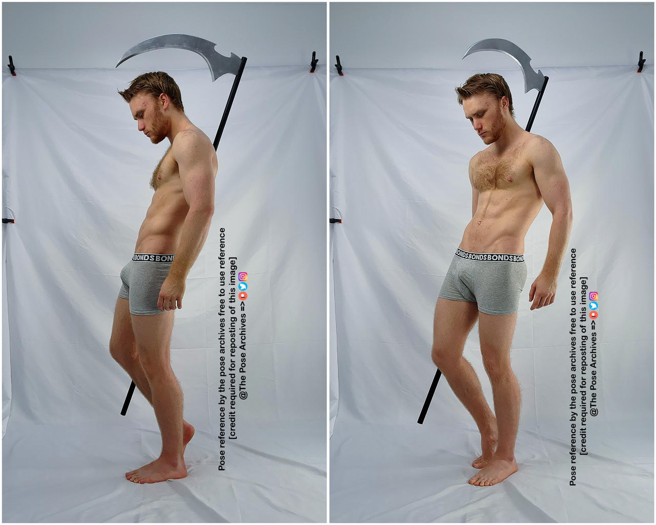 the image features a caucasian male model posing with a scythe against a white backdrop. he is shirtless, wearing only gray boxer briefs, and adopts a relaxed stance with his head slightly bowed. the image provides two slightly different angles of the same pose, showcasing the model's physique and the scythe's form. the overall aesthetic suggests a reference for artists seeking to depict male figures and/or fantasythemed characters.