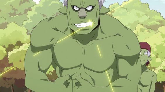 a cartoon green ogre is in the foreground of the picture, with a menacing glare and a strong build, he is charging forward into battle. behind him is another humanoid character but they are not fully in view and are slightly out of focus. the ogre is facing the left of the frame. the background is out of focus and is a green leafy landscape, it appears to be a forest. there are yellow lines emanating from the ogre which look like rays of light or energy, making him appear magical or powerful.