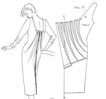 a fashion illustration shows a woman wearing a long dress, accompanied by a sewing pattern diagram for the dress design.