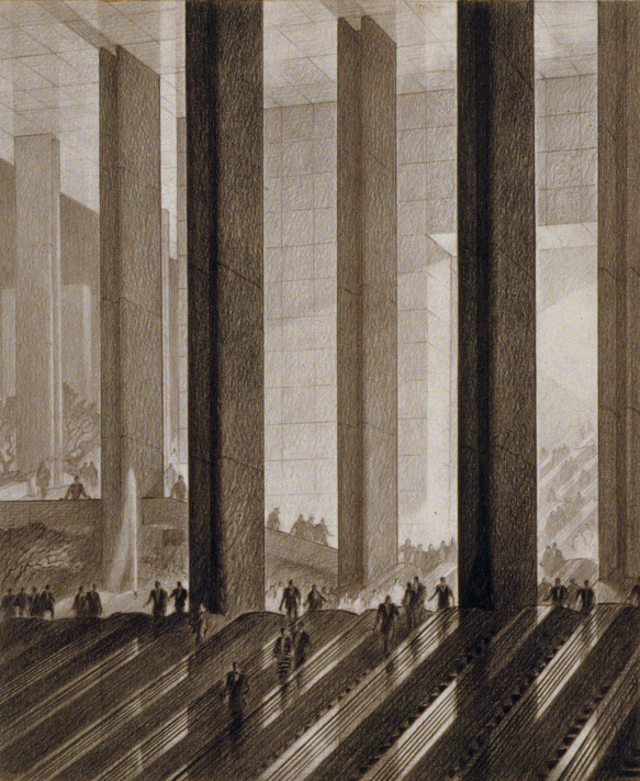 the image showcases the interior of a grand, likely public, building, characterized by its imposing scale and monumental architecture.  the space is defined by towering columns and expansive staircases, hinting at a bustling urban environment.  a crowd of people traverses the stairs, their forms rendered in silhouette, emphasizing the vastness of the space and anonymity within the urban landscape. the subdued, almost monochromatic palette, evokes a sense of timelessness and solemnity, while the play of light and shadow adds depth and drama to the composition. the image captures the essence of urban life – a confluence of grandeur, anonymity, and constant movement.
