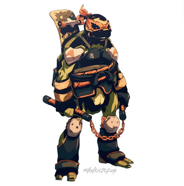 this is a cartoon illustration of a ninja turtle. the ninja turtle is wearing an orange mask, a black chest plate with a white symbol on it. he is holding two sai and a chain. his skateboard is in the background. his skin is green and he is wearing black boots. the background is white.