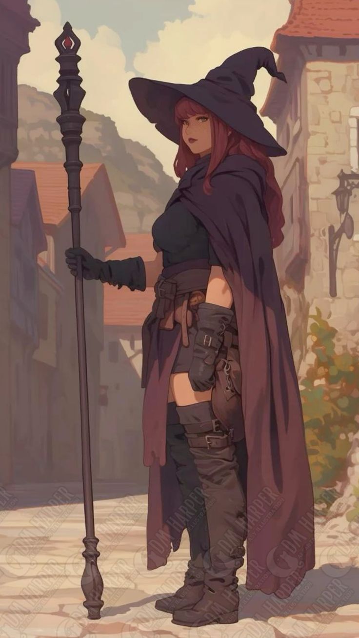 the image is a digital painting of a female fantasy witch. she is standing in a medieval village, holding a long staff. she is wearing a dark purple robe and a pointed hat. her boots are dark brown, and she has a serious expression. the background includes stone buildings, and the overall style is reminiscent of fantasy artwork often found in roleplaying games.