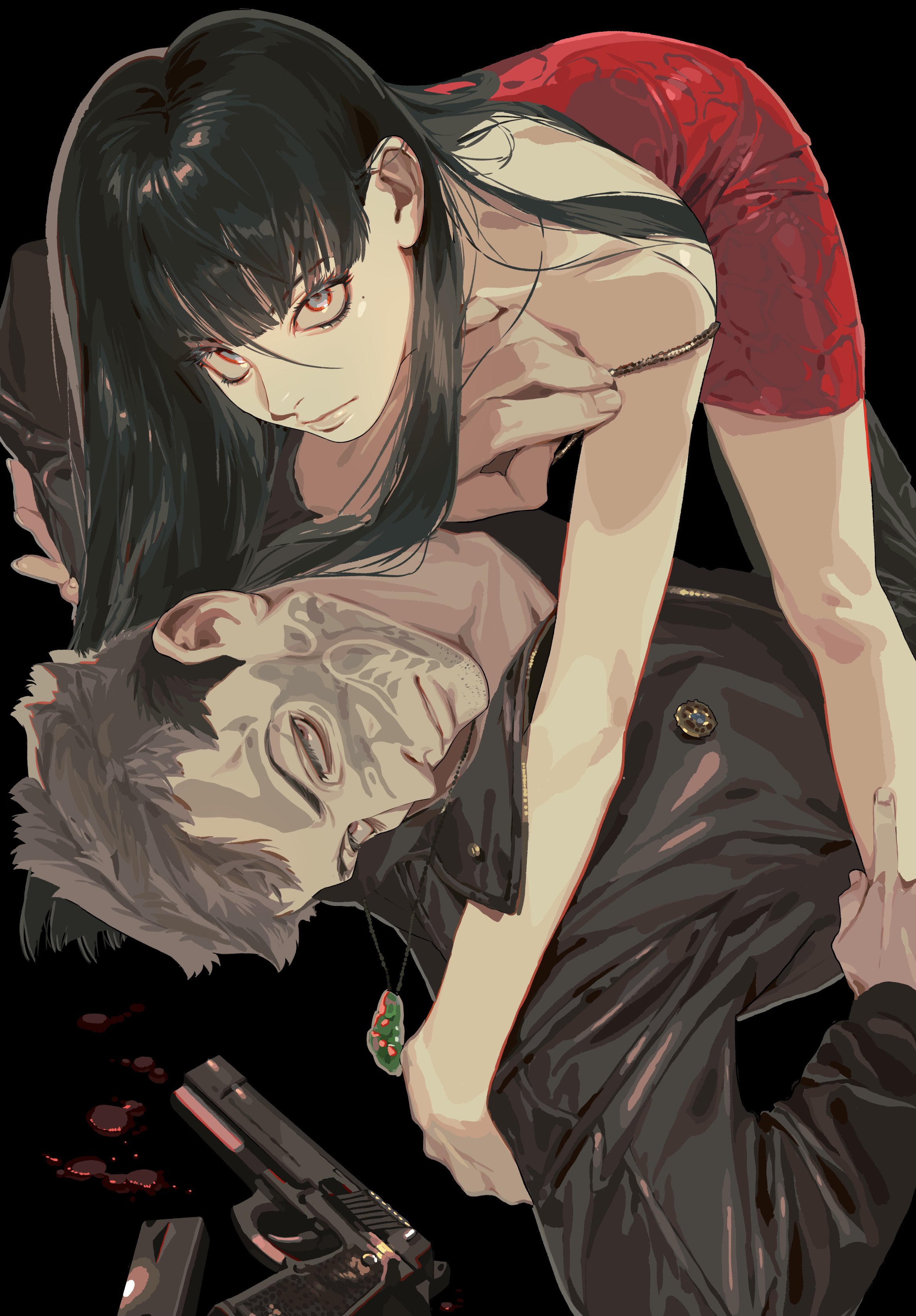 an animestyle image depicts a woman in a red dress standing over a man lying on the ground. the woman has long, black hair and piercing red eyes. the man wears a leather jacket and has a tattoo on his face. a gun lies near them, with some blood on the floor, and the man is giving the middle finger. the background is black.