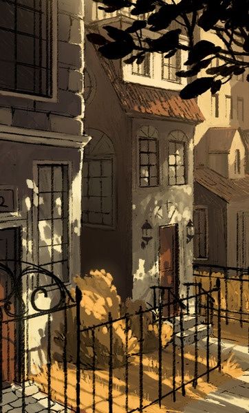 an illustration depicts a row of townhouses along a street, with fences in the foreground and trees casting shadows.
