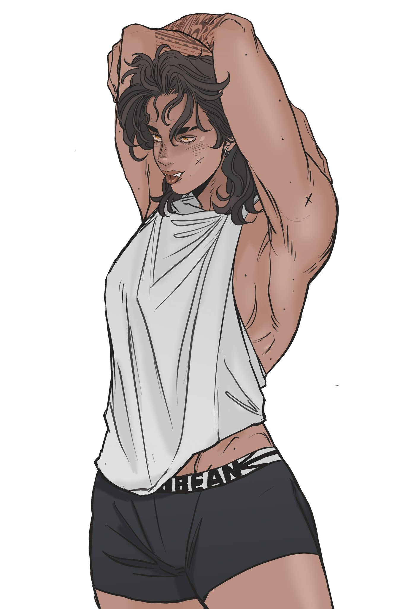 a drawing of a muscular woman with her arms raised above her head. she is wearing a white tshirt and black shorts. her hair is dark and curly, and she has fangs, indicating she is a vampire. the drawing is in an anime style.