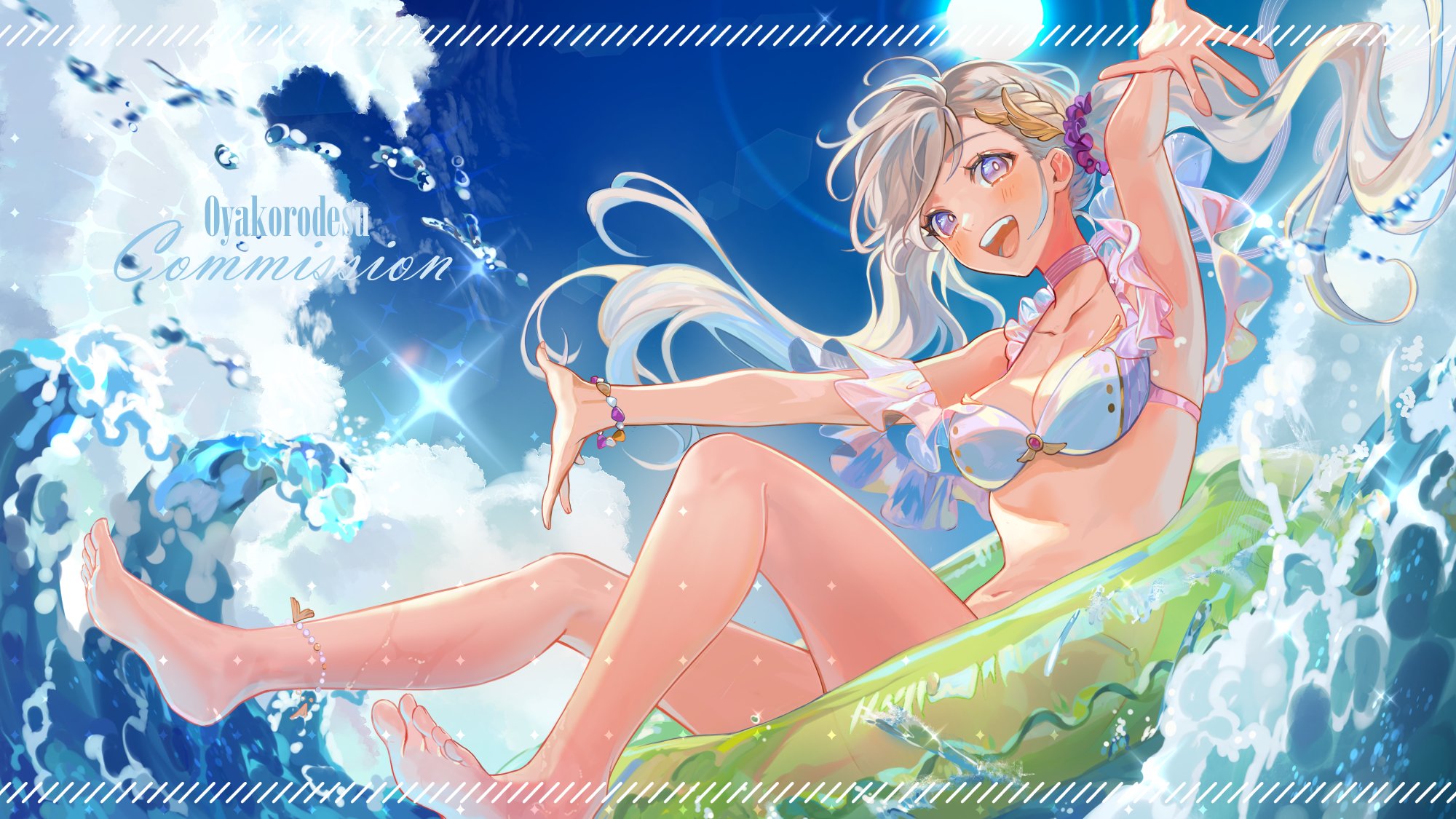 an anime girl with long blonde hair, wearing a blue bikini, is sitting on a green float in the blue ocean. the sky is blue and the water is sparkling. the girl is smiling and looks happy. she has a cute expression on her face. she has a pair of earrings and a necklace.  she is enjoying a summer vacation. this is a digital art illustration.