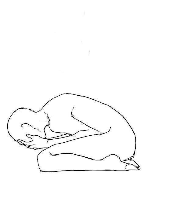 a line drawing of a person curled up in a fetal position, with their head bowed down and their arms covering their face. the drawing is simplified and focuses on the basic outline of the body, with no details of facial features or clothing. the pose suggests a state of sadness or despair.