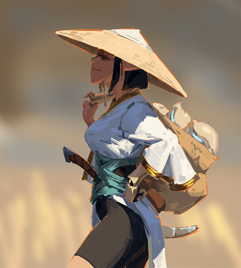 the image is a digital painting of a young woman, possibly of asian descent, dressed in a stylized kimonolike garment and a large conical straw hat.  she carries a backpack or satchel, possibly containing a small animal companion, and a sword is visible at her hip.  she has a calm and confident expression.  the background is a blurred desert landscape bathed in warm, sunny light. the style of the artwork is loose and painterly, with visible brushstrokes. the overall mood is one of peaceful adventure.