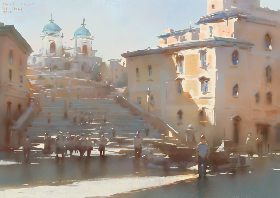 the image is a watercolor painting depicting a sunlit cityscape, possibly in europe.  the central focus is a grand staircase leading up to a church with two prominent green domes.  the architecture is characteristic of an older european style, with pale, sundrenched buildings lining the stairs and surrounding the square.  small figures of people are scattered throughout the scene, adding a sense of scale and daily life. the style is impressionistic, using soft colors and brushstrokes to create a hazy, atmospheric effect. the overall mood is peaceful and serene, evoking a sense of warm summer day in a charming, historic city.  the artist's signature or notes are visible in the upper left corner.