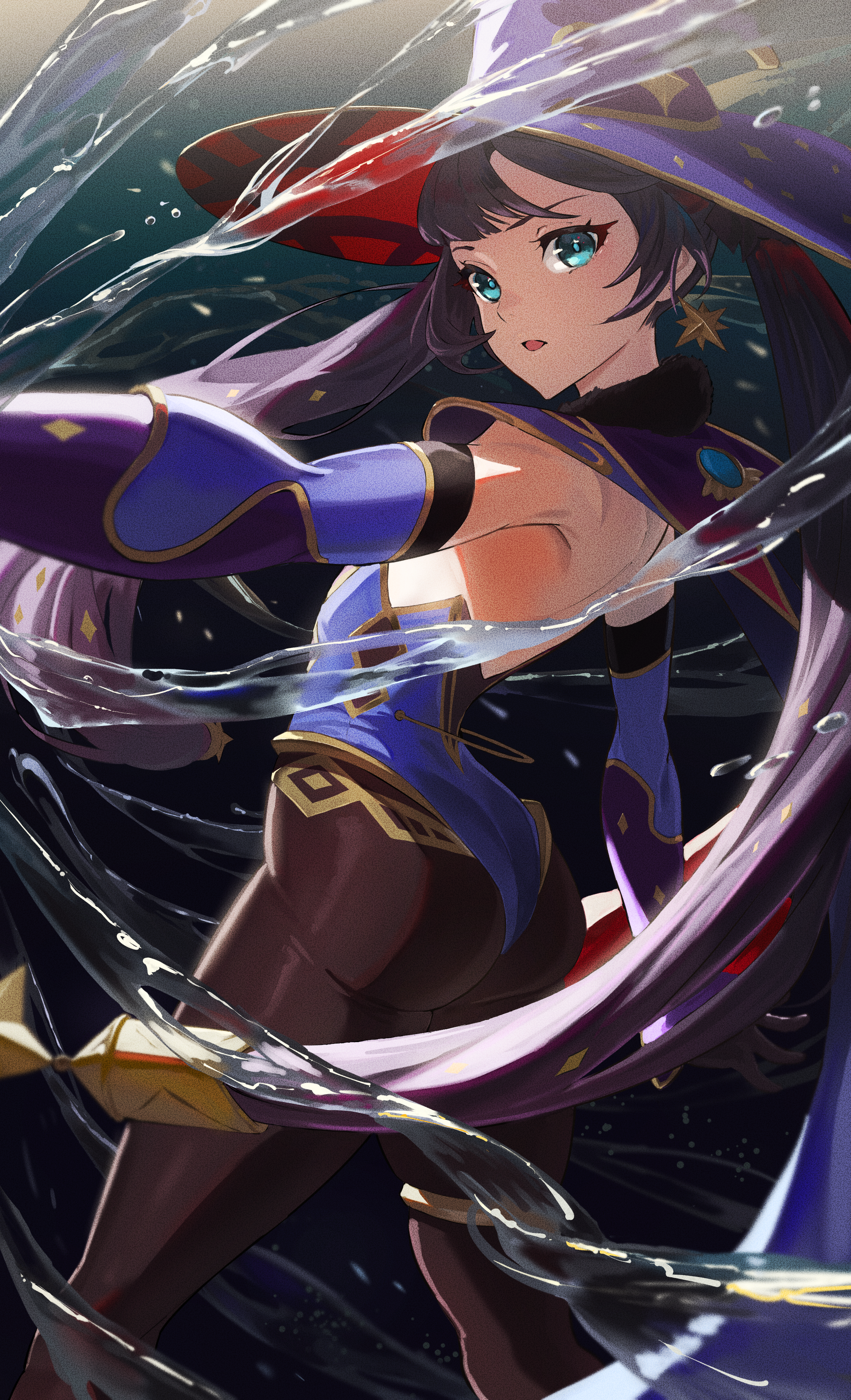 the image showcases a female character, potentially a sorceress or a witch, garbed in a vibrant blue and purple attire. her attire hints at a fantasy setting. she's seemingly casting a spell, manipulating water, as suggested by the flowing water streams surrounding her. her focused expression and the dynamic pose amplify the image's magical and actionpacked vibe.