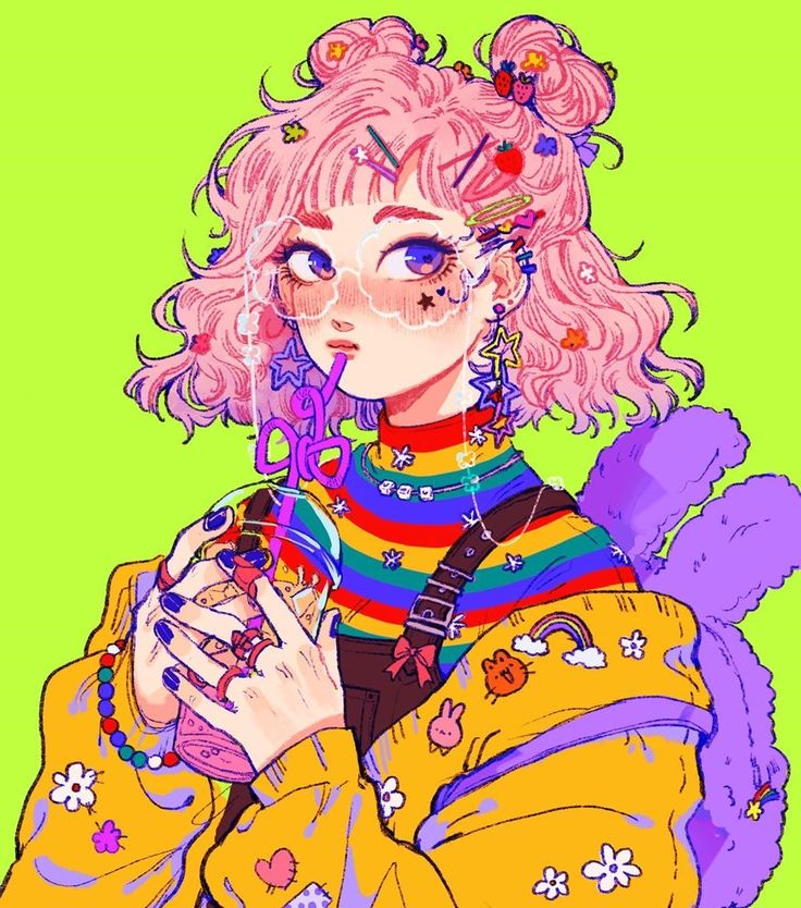 the image is a colorful illustration of a young anime girl with pink hair styled in two buns. she is wearing a rainbow striped shirt, a yellow jacket with a black strap, and a variety of accessories. the girl is holding a pink drink in her hand and has a thoughtful expression on her face. the background is a bright green color.  the overall style of the image is cute and playful, with a focus on bright colors and whimsical details.