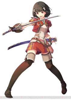 a female anime character with short brown hair and red eyes strikes a dynamic pose with two swords. she wears a red and white outfit with gold accents, thighhigh stockings, and brown boots. the character is set against a plain white background.