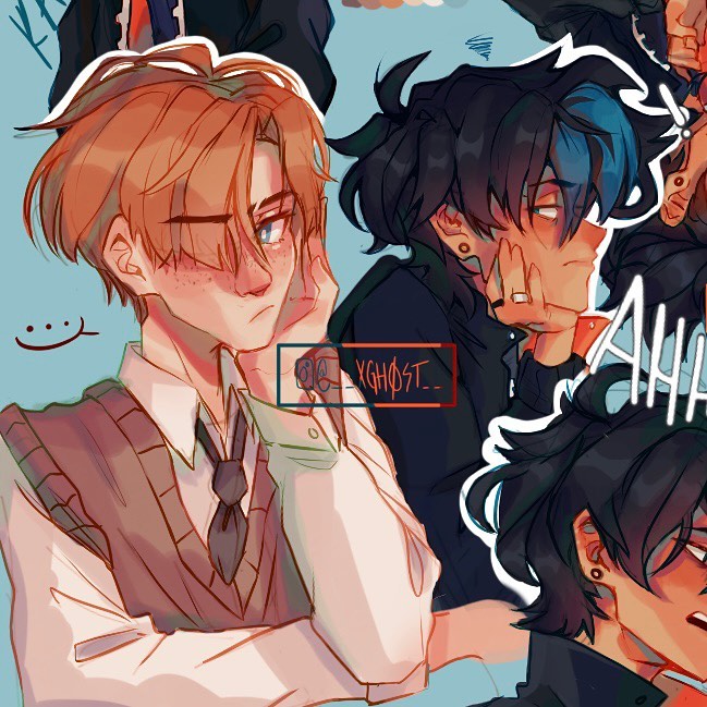 the image is a digital fanart illustration featuring a group of young men, primarily focusing on two in the foreground.  one boy has bright red hair and freckles, wearing a lightcolored shirt with a sweater vest and a tie, giving a preppy or slightly bookish appearance. he seems pensive or thoughtful. next to him is a boy with dark hair and blue highlights, dressed in a more punk or edgy style –  a dark jacket and earrings. he appears more agitated or expressive. in the background are more figures, suggesting a group scene. the art style is animeinfluenced, with soft shading and vibrant color palettes, yet remaining quite expressive in its portrayal of the characters' emotions. the artist's signature, "xghost_", is subtly included in the piece.