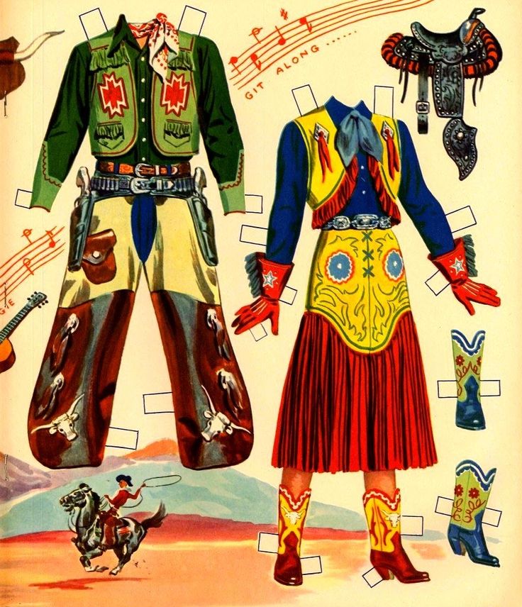 this is a vintage paper doll illustration of a cowboy and cowgirl. the cowboy is wearing a green shirt with a brown vest, brown pants with red trim and cowboy boots. the cowgirl is wearing a blue shirt with a yellow vest, a red skirt with yellow trim, and cowboy boots. both dolls have a cutout for a head and have various accessories such as a hat, bandana, boots, and a saddle.