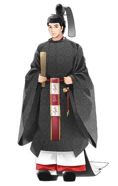 the image shows a japanese man wearing traditional formal attire. he is wearing a long black robe with a patterned design, a red sash, a black hat with a long black ribbon, and black shoes. he is holding a scroll in his left hand. the attire is reminiscent of the heian period in japan, suggesting a noble or samurai class member. the overall appearance conveys a sense of formality and ceremony.