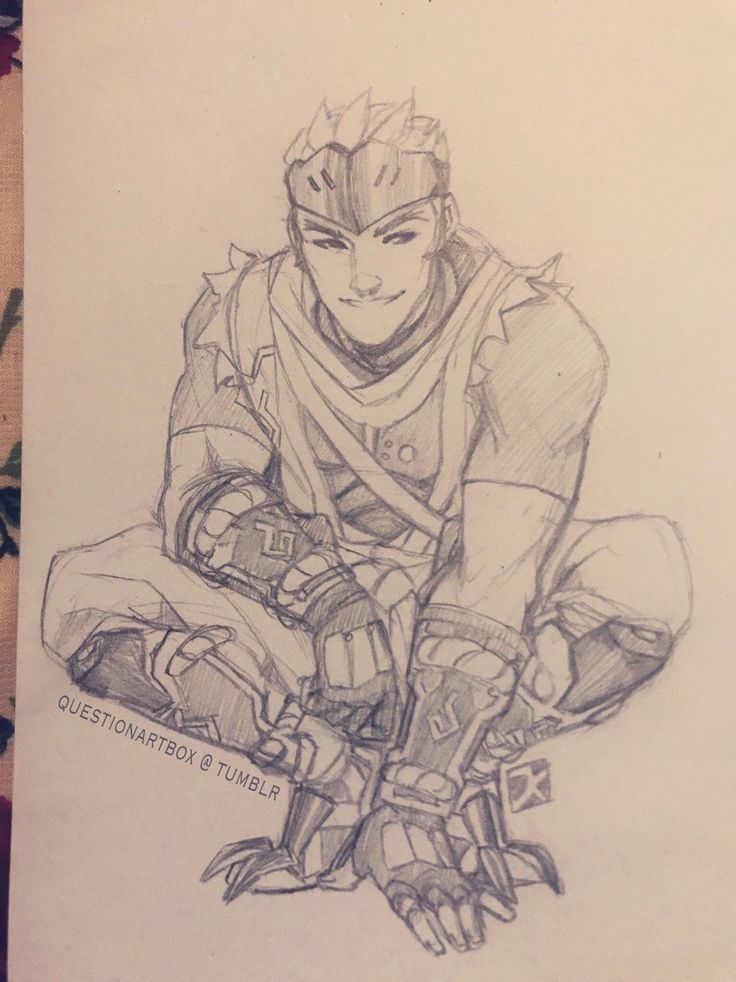 a handdrawn pencil sketch of a male anime character with a futuristic helmet, armor, and gun. the character is depicted in a crouching pose with his hands clasped in front of him. the drawing is done in a black and white style and captures the character's stoic and determined expression. the image is a testament to the artistic talent of the creator, who has used pencil to bring this fictional character to life with great detail and realism.