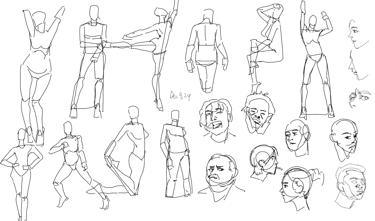 he image contains a collection of quick sketches and drawings, primarily focusing on human figures in various poses. the style is loose and expressive, with lines prioritizing gesture and movement rather than precise detail.  there are full body sketches, some showing figures in dynamic action, others in more static poses. additionally, numerous head and facial sketches are included, exhibiting a range of expressions and angles. the sketches are done in black ink or pen on a white background, giving a spontaneous and energetic feel. a date "dec 9, 209" is written in the center of the page. the overall impression is one of rapid studies of form, movement, and expression.