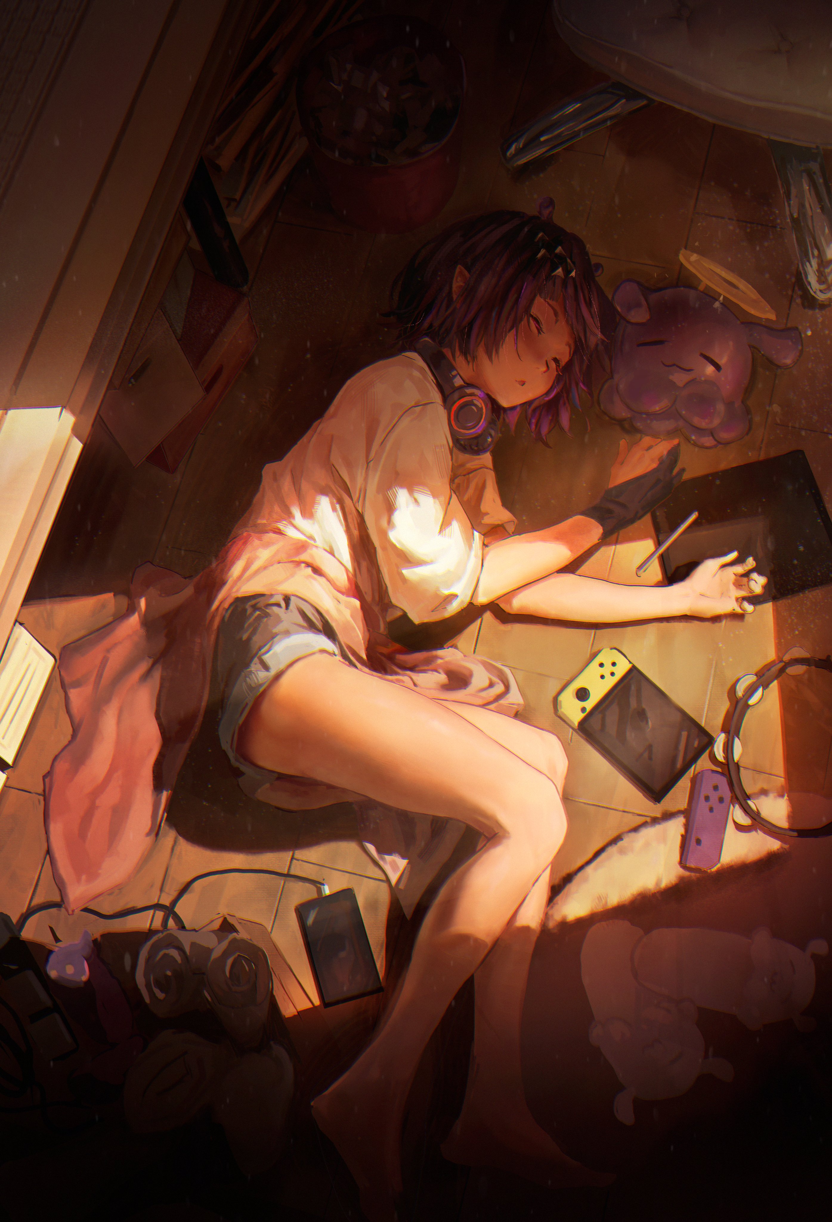 the image is a digital painting of a young anime girl with short purple hair sleeping on the floor of a cluttered room.  she's wearing a lightcolored, loose shirt and shorts and has headphones around her neck.  various items are scattered around her, including a drawing tablet and stylus, a nintendo switch console and game controller, a plush toy, and other personal belongings.  sunlight streams in from an unseen window, illuminating her and parts of the room. the overall mood is peaceful and relaxed. the style is reminiscent of modern anime illustration with a focus on warm, inviting colors and a soft lighting style.