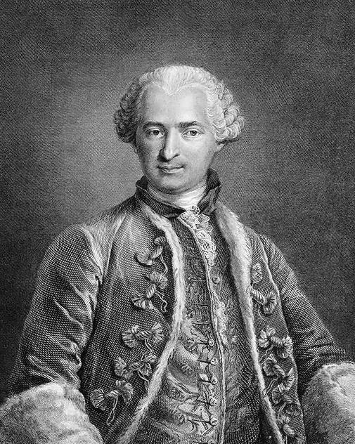 a black and white engraved portrait of a man in formal 18th century attire. he wears a white powdered wig, an ornate jacket with fur trim, and a lace collar.