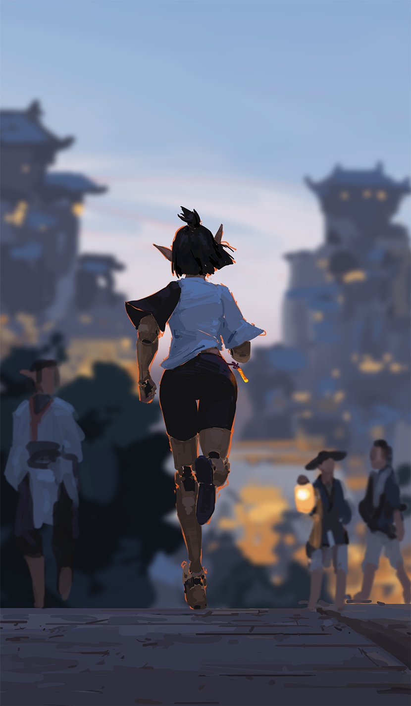 the digital painting depicts a female elf with short dark hair and pointy ears running away from the viewer. she's wearing a loosefitting light blue shirt and dark shorts.  her footwear appears to be traditional japanese geta. she is sprinting along a wooden path or pavement towards a background featuring a slightly blurry but detailed cityscape that strongly resembles a traditional asian or japanese city with distinctive buildings and illuminated windows creating a warm glow at sunset or dusk.  several other, less distinct figures are visible in the background, seemingly walking or standing at various points along the path.  one of them carries a lantern. the overall style is painterly and suggestive of fantasy and a slightly melancholic atmosphere. the perspective is from behind the elf, focusing on her action and the receding urban environment.