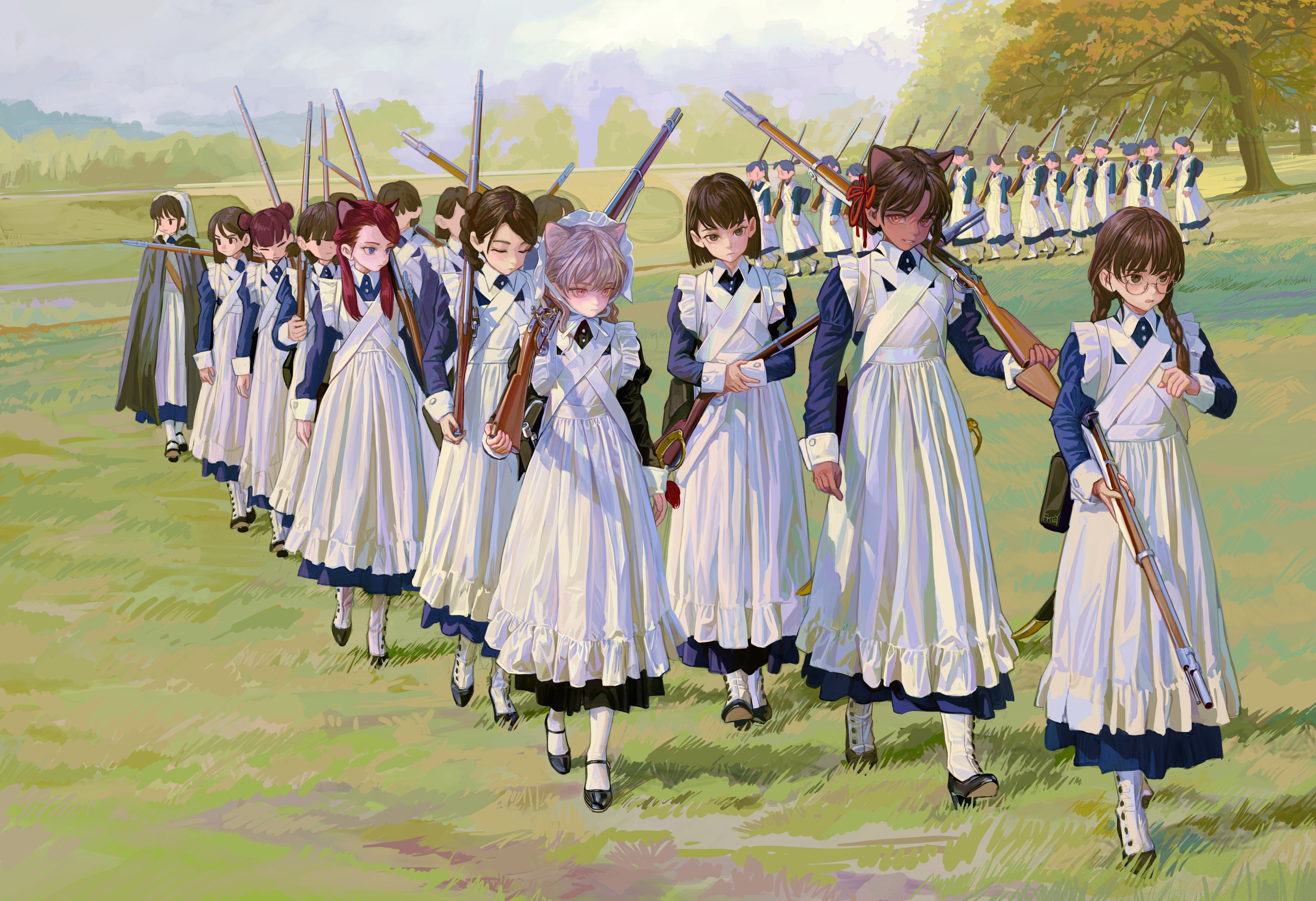a group of animestyle girls in white maids uniforms, with some wearing cat ears, are marching in formation across a grassy field. they are holding rifles, suggesting a military or historical context. in the background, there are more girls in similar uniforms, and a landscape with trees and sky.