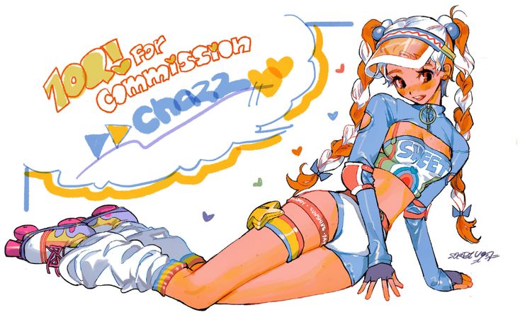 the image features a cheerful animestyle girl wearing a blue and white outfit with roller skates. she has long blonde pigtails and a big smile on her face. she's sitting on the ground with her legs outstretched and her arms resting on the ground. the background is a white cloud with the words "100! for commission chazz" written on it. there are also hearts scattered around the cloud. the image is colorful and upbeat and captures a youthful and energetic feeling. the illustration is done in a digital art style and features a cute and charming character. it is a great example of a positive and uplifting image that conveys a sense of happiness and hope.