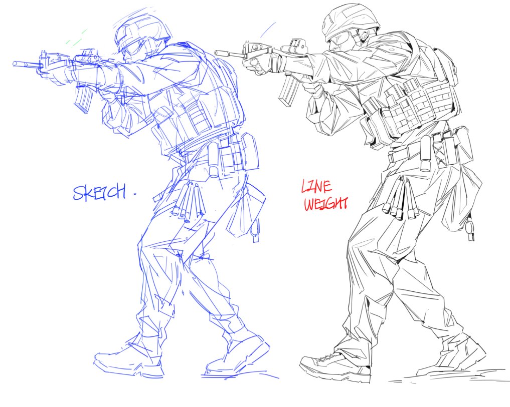 the image showcases a comparative study of two drawings of a soldier in a tactical pose, holding a rifle. the drawing on the left is a loose sketch using thin, light blue lines focusing on capturing movement and form. it's labelled "sketch." the drawing on the right uses thicker, bolder black lines, emphasizing the figure's musculature and details; it is labelled "line weight."  both depict the soldier in a dynamic, actionoriented stance, likely during combat or training. the added line weight in the second drawing creates a stronger, more defined image.  the soldier is fully equipped with tactical gear, including a vest, body armor, and pouches.