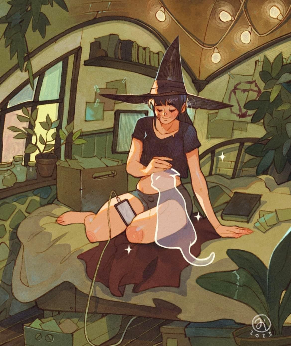 a young witch sits on her bed in her cozy bedroom,  wearing a witch's hat, with a faint glowing cat in her hands.  there are many books in the room, and a window to the outside world.  she is reading a book while listening to something on her phone.