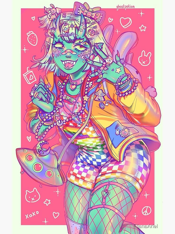 this is a colorful and whimsical illustration of an anime girl. she has green skin, bright blue eyes, and a big smile. she's wearing a colorful outfit with a rainbow, checkered, and holographic pattern. her hair is white with pink streaks, and she has two horns and a tail. she's surrounded by stars, hearts, and other fun things. she's holding a spaceship, and she has lots of stickers and patches on her clothes.