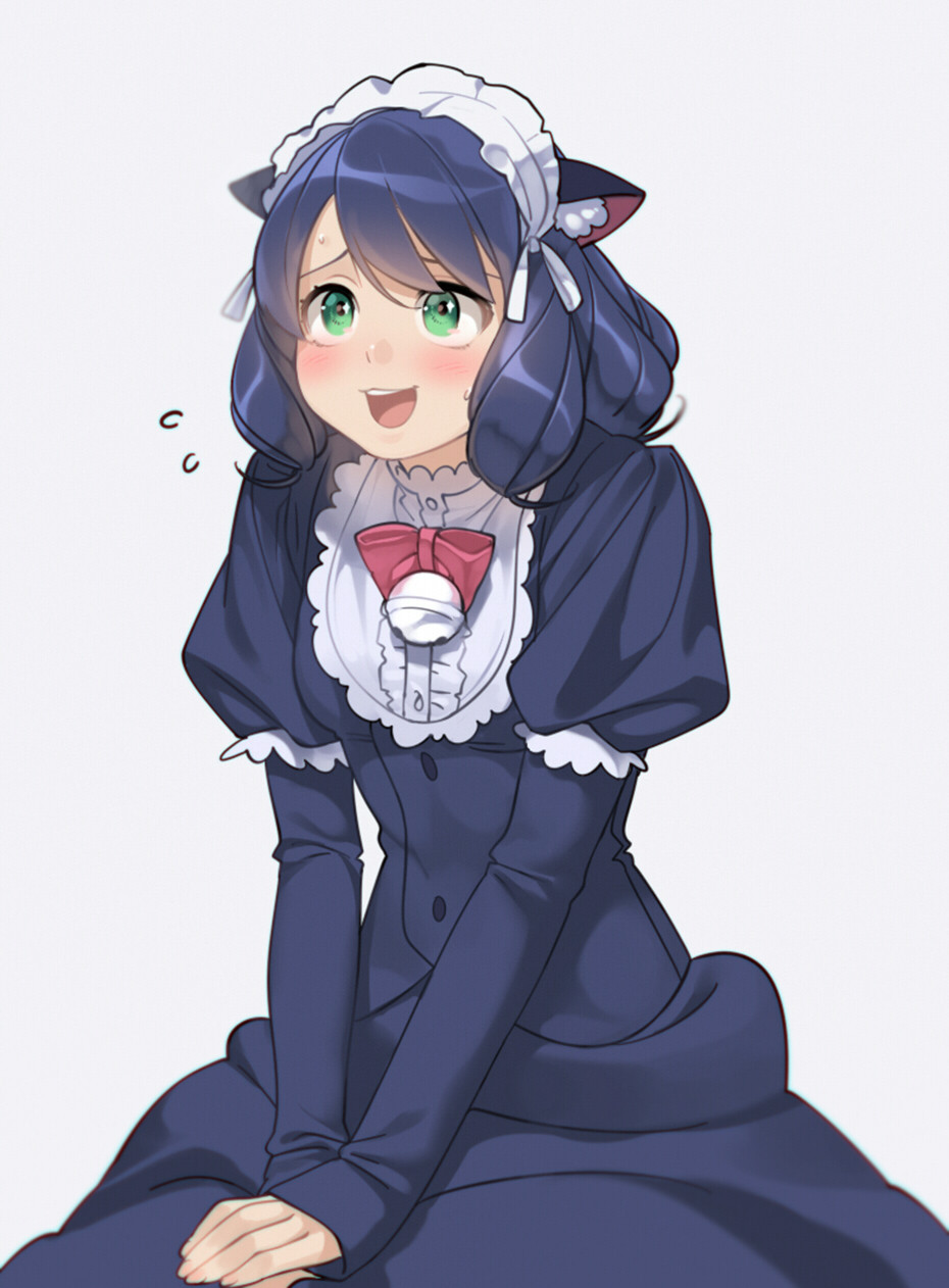 a young anime girl with blue hair and cat ears is depicted wearing a blue and white dress that resembles a maid outfit. she has a happy expression on her face with rosy cheeks, suggesting she is blushing. the drawing style is typical of anime and manga, with large eyes, simplified features, and soft lighting.