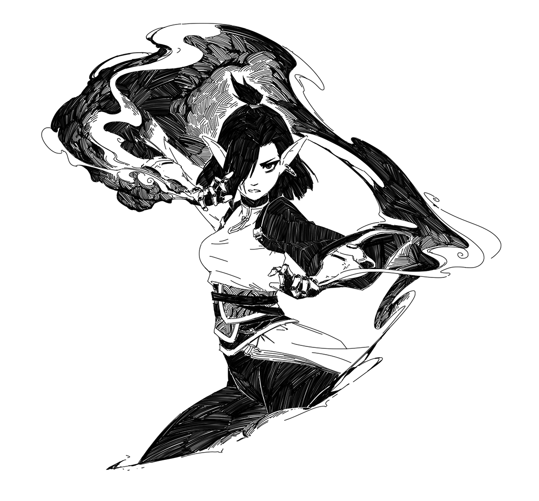 the image is a dynamic black and white ink drawing or sketch of a female elflike warrior or sorceress.  she has short dark hair, pointed ears, and is depicted in a powerful action pose, seemingly manipulating dark, swirling smoke or magic with her hands.  her clothing is stylized, suggesting a fantasy setting. the art style is reminiscent of anime or manga, with strong lines and expressive shading creating a dramatic and intense effect. the overall impression is one of power and perhaps dark magic.