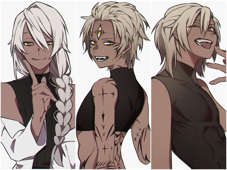 the image is a portrait of three animestyle male characters. the character on the left has white hair and is wearing a white shirt with black sleeves. he is looking to the right side and has a serious expression on his face. the character in the middle has blonde hair and is wearing a sleeveless black shirt. he is smiling and looking to the right side. the character on the right has white hair and is wearing a sleeveless black shirt. he is smiling and looking to the right side. the three characters are positioned side by side, and the image is a closeup of their heads and shoulders.