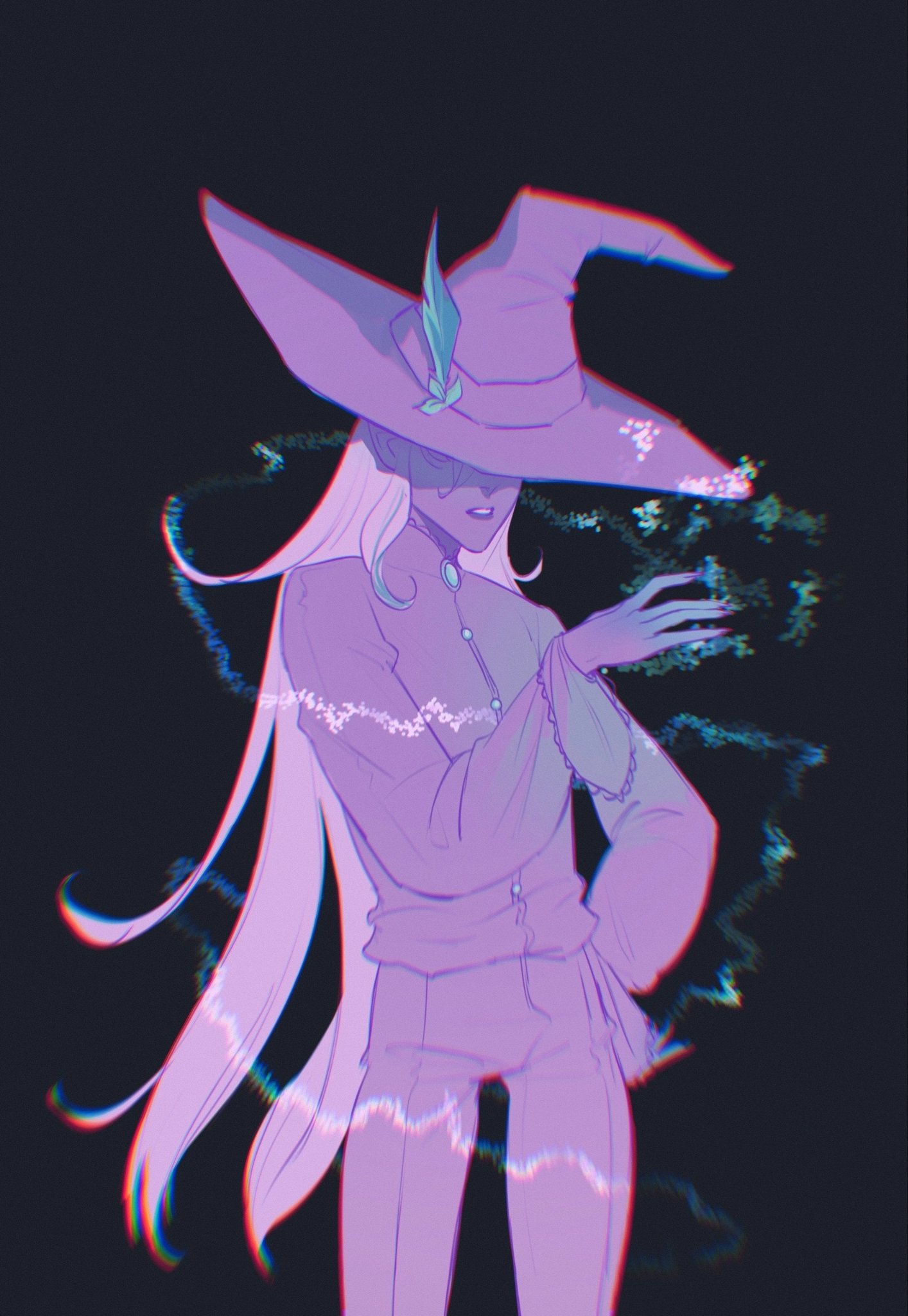 a digital illustration of a witch casting a spell. she is wearing a purple hat with a green feather, a long purple dress, and a necklace. her hair is long and white. she is surrounded by a magical glow. the background is dark, with swirling, neon patterns in the background.