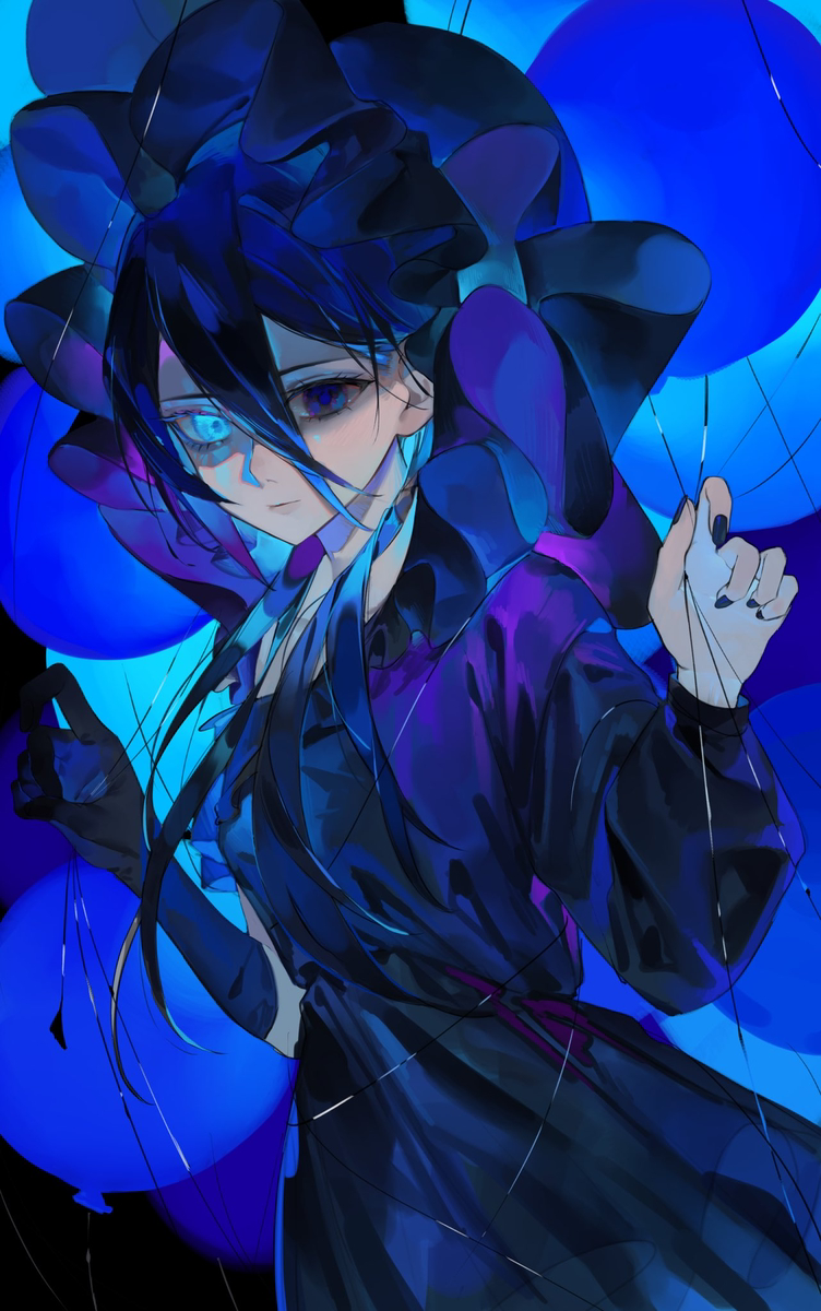 an animestyle girl with dark blue hair, styled in pigtails and adorned with a large ribbon, is surrounded by blue balloons. she wears dark clothing, and has heterochromia, with one eye glowing a bright blue. the girl has a melancholic expression and wears glasses. the overall aesthetic is dark and somewhat sad.