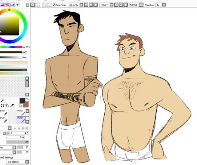 digital drawing of two men's torsos. both men are wearing underwear. the man on the left is thin and muscular, the man on the right has more body fat.  the man on the right is smiling.  the digital art includes a toolbar with color swatches and drawing tools.