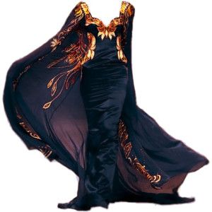 a dramatic black gown with gold embellishments and a flowing cape. the dress is elegant and formal, suggesting a special occasion.