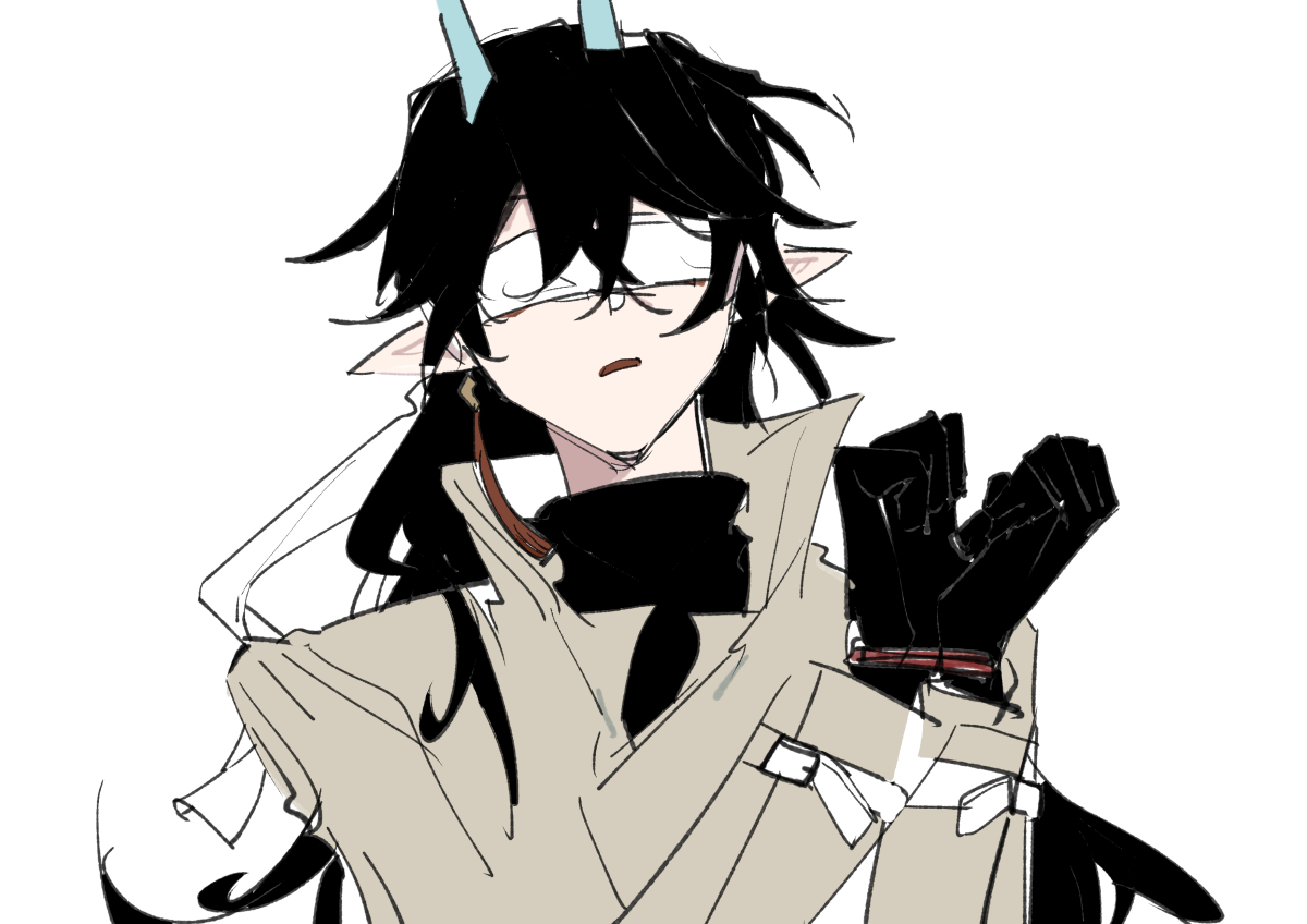 a sketch of an anime character.  the character has black hair and horns, and is wearing a white headband, black gloves, and a beige coat. the character is looking off to the side and has a worried expression on their face. the background is white.