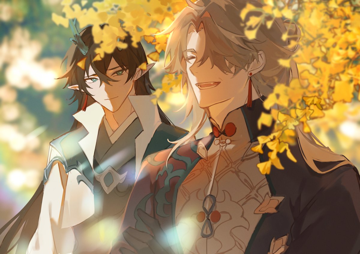 this anime illustration shows a male character with black hair and red eyes, wearing a light blue and white jacket, and another male character with long blonde hair, wearing a dark blue and green jacket with a white undershirt and red and gold details. they are looking at each other, smiling happily. the background is a beautiful autumn scene, filled with bright yellow leaves. the two characters seem to be very close and happy with each other. the style is similar to a manga, but the illustration is more detailed and colorful.  the image is full of life and vibrant colors, conveying a sense of happiness and joy.