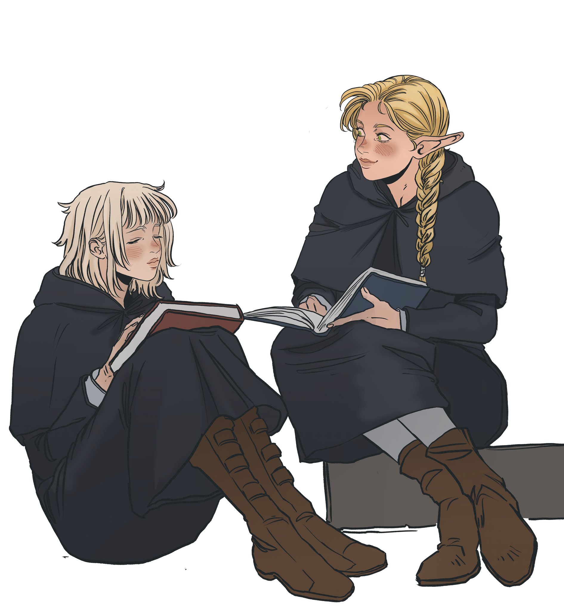 an illustration shows two young adults reading books while sitting indoors. one on the left has short blonde hair and is immersed in a red book, wearing a dark cloak and brown boots. the person on the right has long blonde hair braided, elf ears, and is looking off to the side while holding a blue book, also wearing a dark cloak and brown boots. they are seated on a stonelike structure.