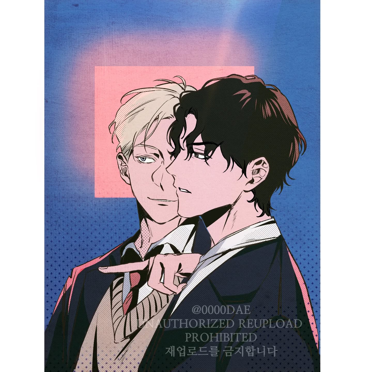 the image is a stylized digital drawing, likely fanart from a korean webtoon or manhwa (korean comic), featuring two young men in close proximity. one has blond hair, the other dark hair. they are dressed in sharp, stylish clothing, suggesting a contemporary or slightly retro aesthetic. the man with dark hair is gesturing with his hand, almost playfully pointing towards the blondhaired man. the background features a contrasting combination of pink and blue tones, and text explicitly prohibits unauthorized reuploads, with both korean and english versions. the overall mood is romantic and intimate, with a distinct bl (boys' love) vibe. the artist's signature, @0000dae, is also visible.