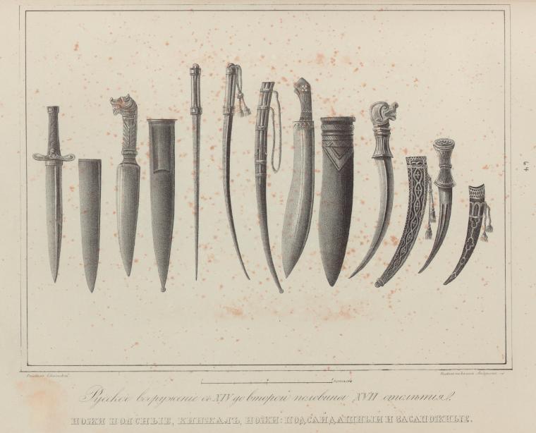 the image shows a collection of russian knives and daggers from the 14th to 17th centuries, including different types of knives and daggers with their respective sheaths.