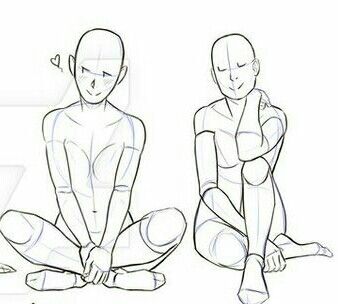the image contains two sketches of anime/manga female characters in different sitting poses. the first character is sitting crosslegged with their arms around their knees. the second character is sitting with their legs bent and one arm resting on their knee. both sketches are done in a simple, lineart style and provide a good base for drawing more detailed characters.