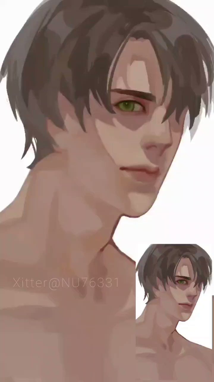 this image is a portrait of an anime boy. he has short brown hair, green eyes, and fair skin. he is wearing a simple white shirt. the style is realistic and the artwork is welldone. the artist has captured a sense of youth and charm in the subject.