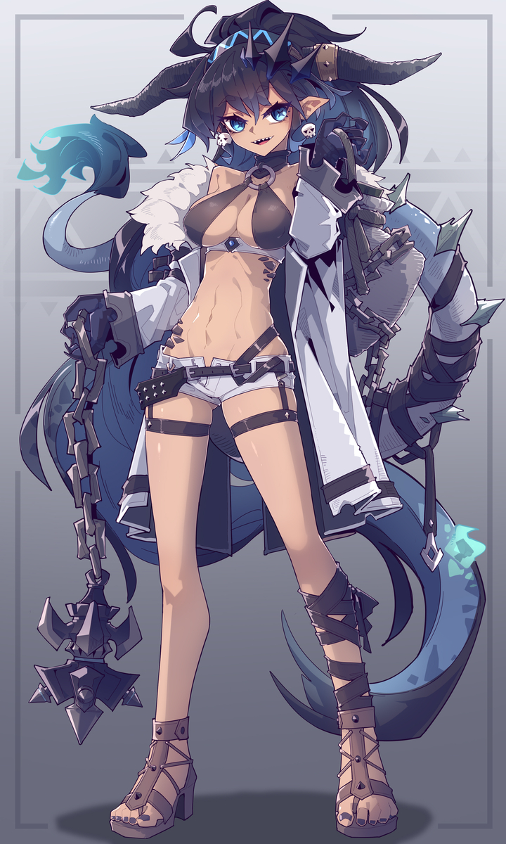 an animestyle fullbody character portrait of a fairskinned woman with horns and a tail, dressed in short shorts, sandals, and a revealing top. she carries a spiked mace on a chain. her outfit includes skull decorations and a coat with fur trim.