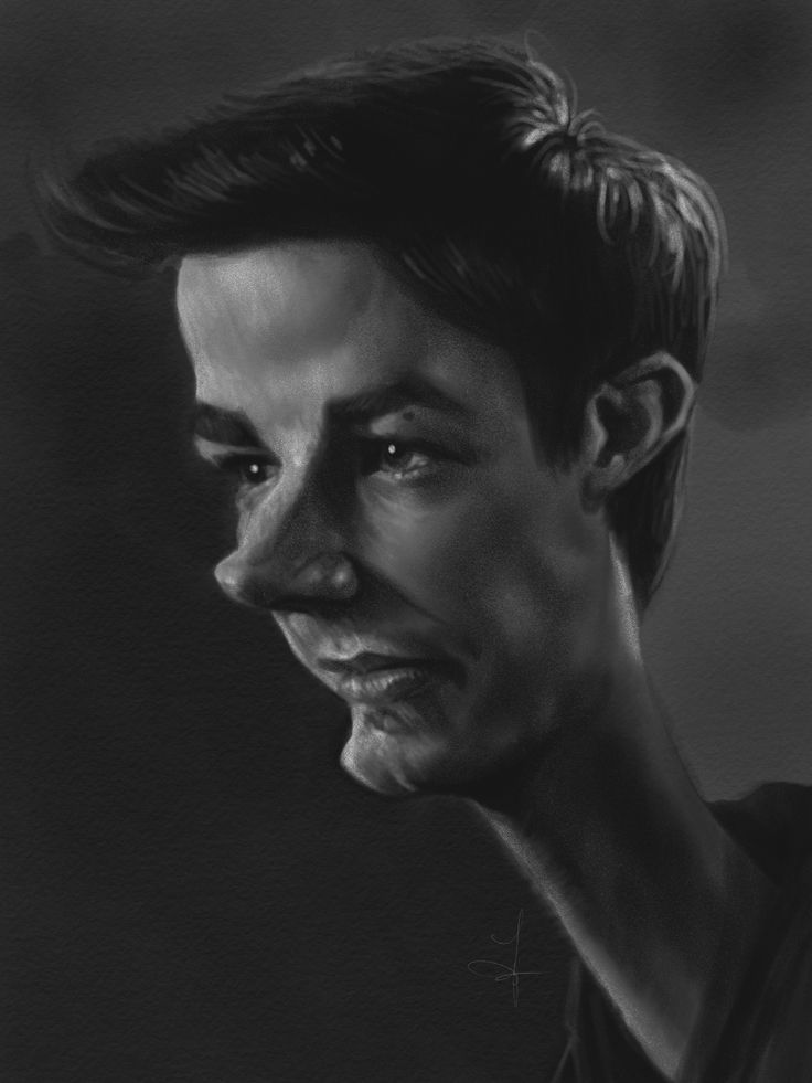 a black and white caricature portrait of grant gustin, focusing on his nose and jawline. the drawing is detailed with attention to hair texture and facial shading.