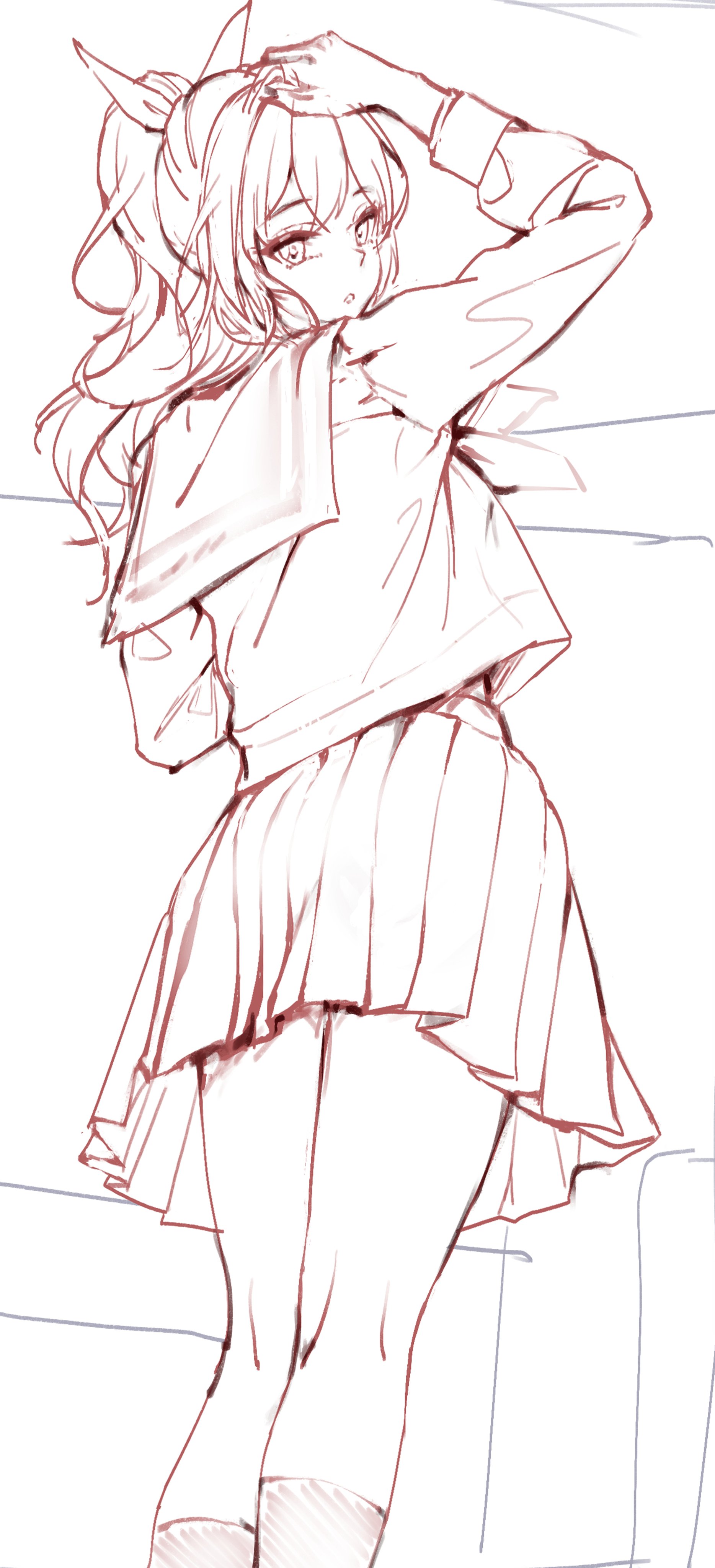 a sketch of an anime girl in a school uniform. she has long hair and is looking back over her shoulder. she is standing and has a skirt on.