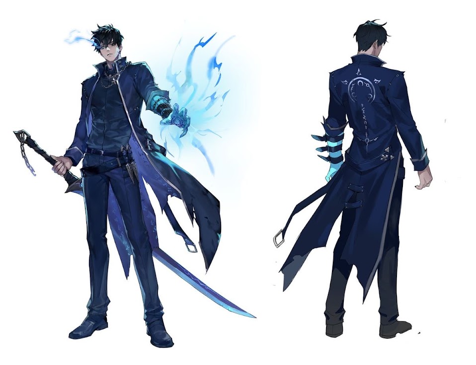 this is an animestyle illustration of a male character. the character is drawn from the front and back.  he is wearing a long black coat, black pants, and black shoes. he also has a black sword and a blue magic aura.  the character is standing in a fighting stance, with a serious expression. he appears to be a powerful fighter with a dark and dangerous side.