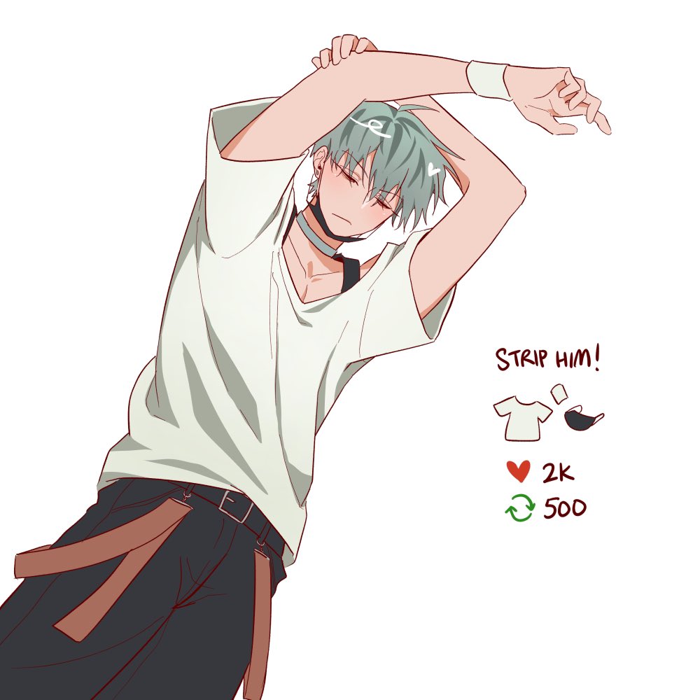 this is a digital illustration of an anime boy with green hair wearing a white shirt and black pants with a brown belt. he is stretching his arms above his head, and he is looking down at the ground. the drawing is in a casual