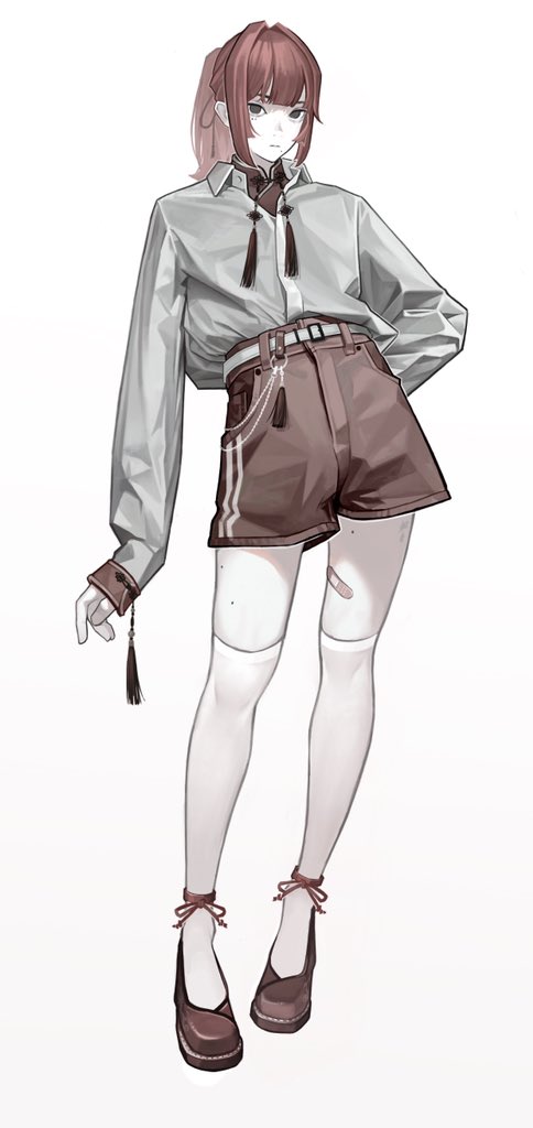 the image is an illustration of an anime girl. she has long red hair styled in a ponytail, and she's wearing a loosefitting gray shirt, brown shorts with white stripes, white socks, and brown shoes with ribbons. the girl's style is a blend of casual and elegant. she has a calm expression and is standing in a relaxed pose. the overall tone is subtle and stylish.