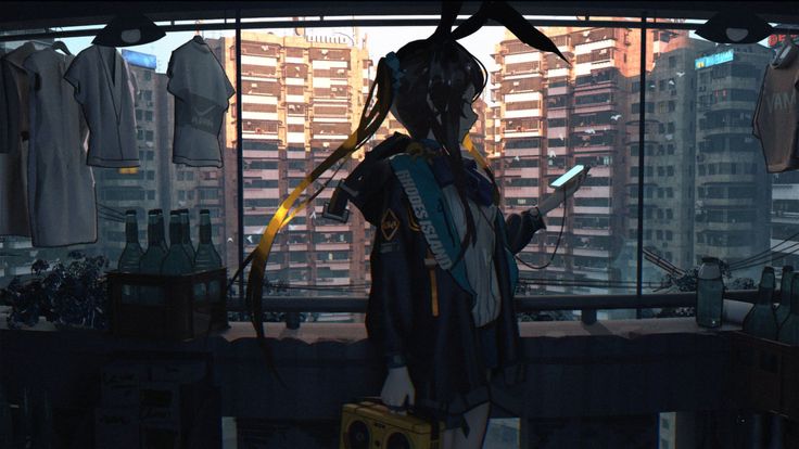 the image shows an anime girl standing by a window overlooking a cityscape at dusk or night. she is wearing dark clothing with a turquoise accent that says "rhodes island," suggesting a connection to the arknights video game. she is using a phone, has rabbit ears, and is holding a boombox. the background shows an urban environment with aged, densely packed apartment buildings and clothes hanging on a clothesline. the overall mood is dark, moody, and atmospheric.